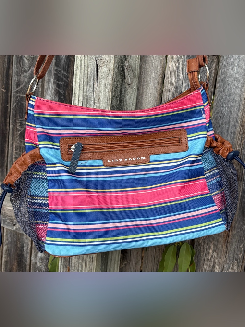 Lily Bloom Striped Blue and Pink Crossbody Bag with Brown Trim